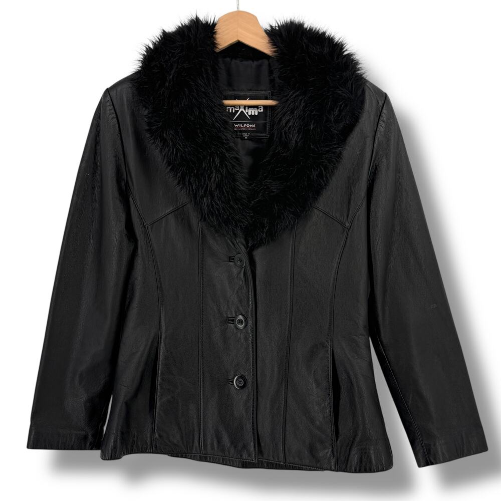 Y2K Wilsons Maxima Black Leather Jacket Faux Fur Collar Womens Size M